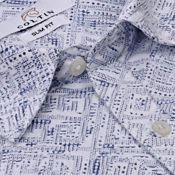 Men White Blue Printed Cotton Shirt